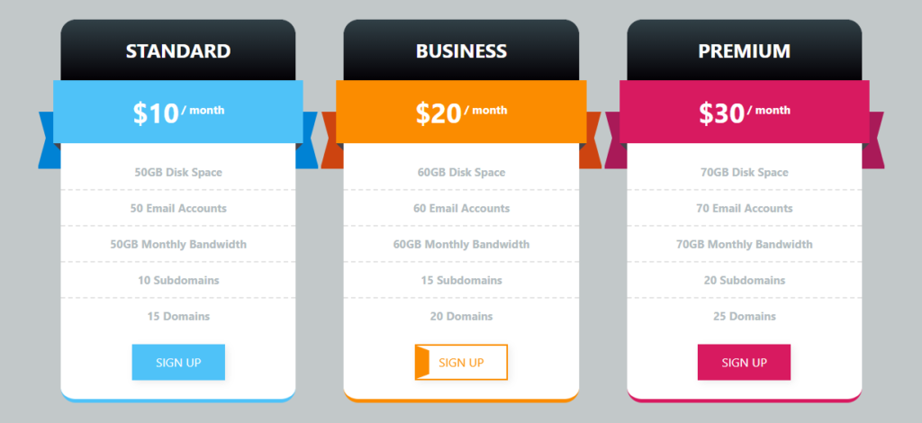 Bootstrap CSS Pricing Table Template Free