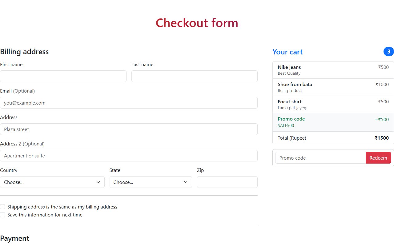 Bootstrap 5 checkout form with redeem code — Bootstrap 5 snippet preview