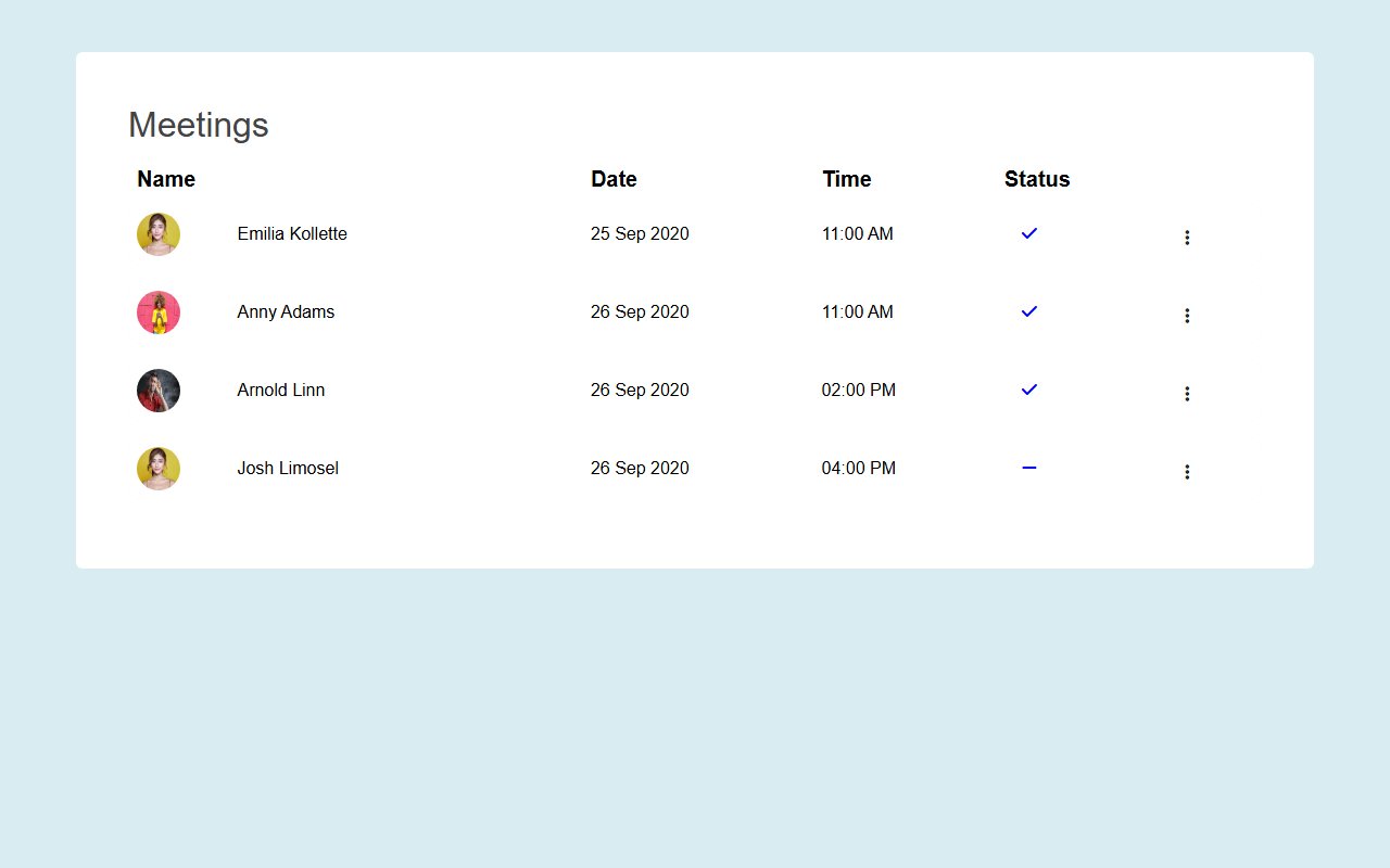 Bootstrap 5 Meeting status table with user info snippet — Bootstrap 5 snippet preview