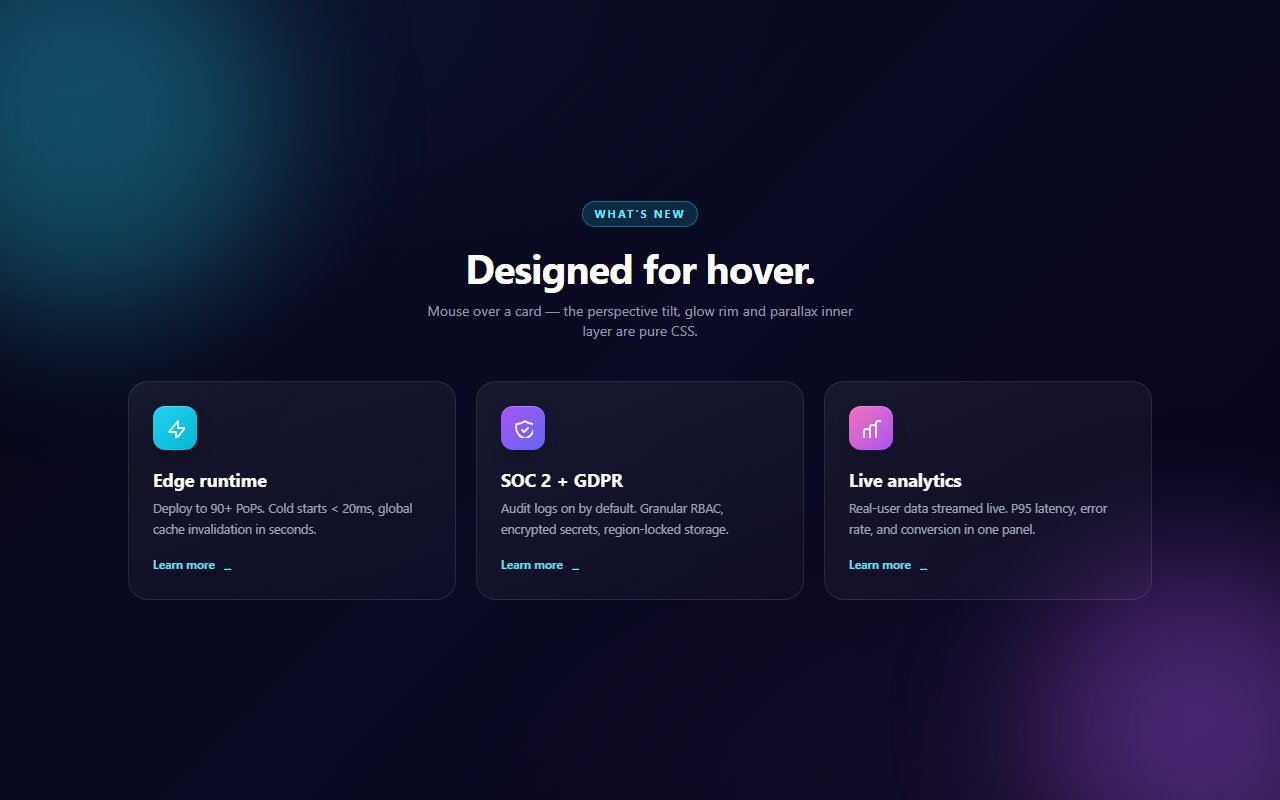 3D Tilt Showcase Cards — Tailwind CSS component preview